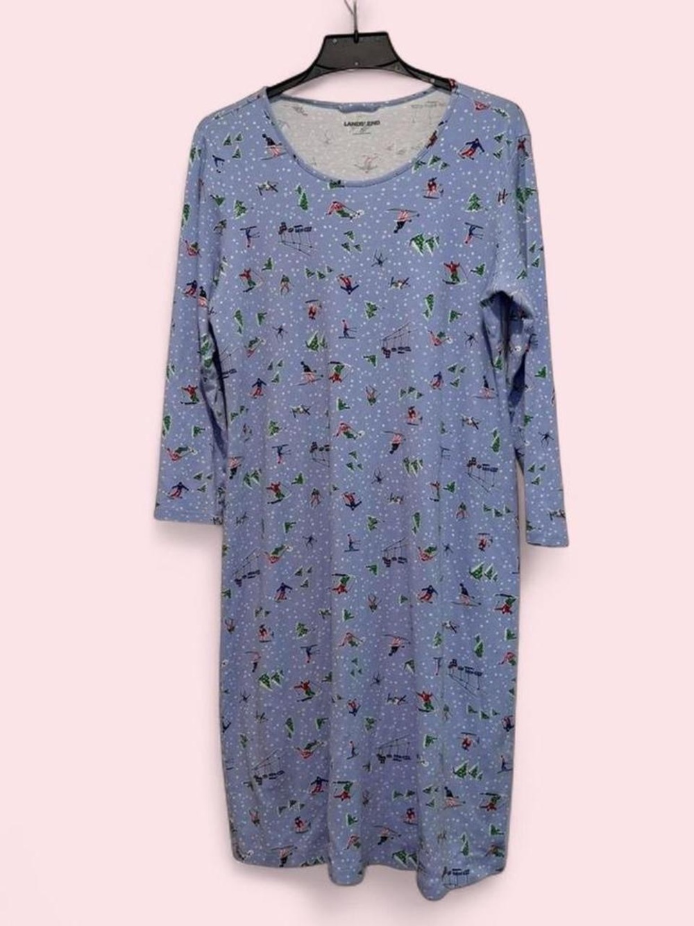 Lands' End Light Blue Cotton Nightgown Sleep Shirt with Ski Motif Medium